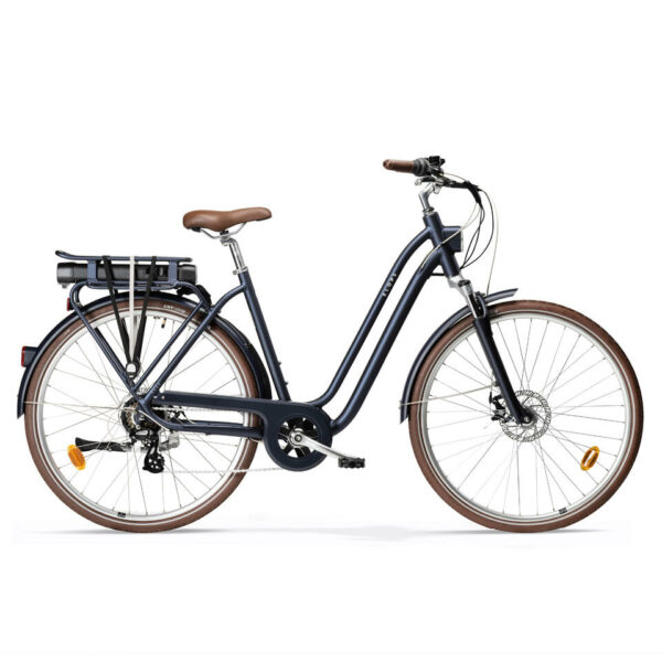 Bici città elettrica a pedalata assistita  E telaio basso blu